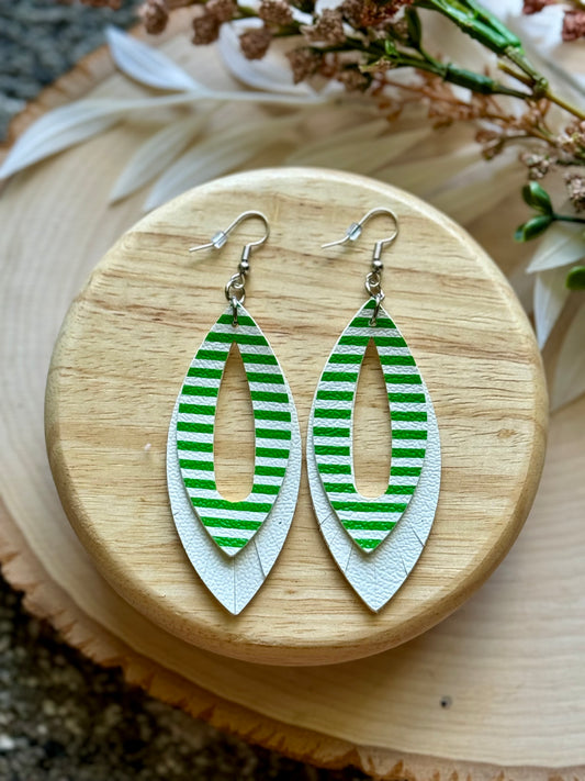 Green Stripe Fringe Leaf Earrings