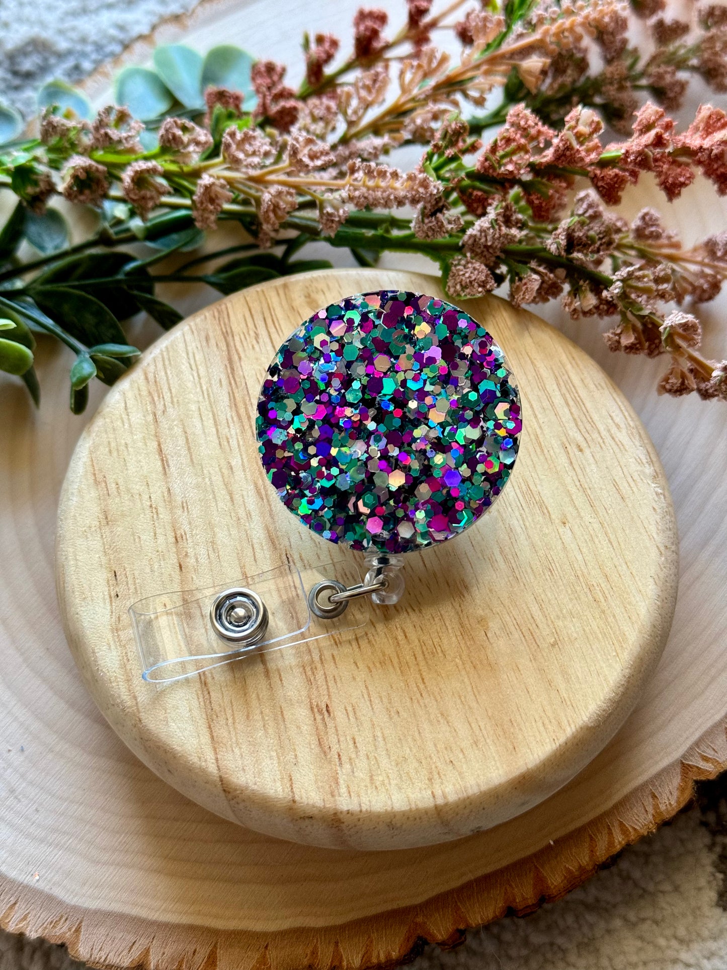 Teal and Purple Glitter Resin Badge Reel