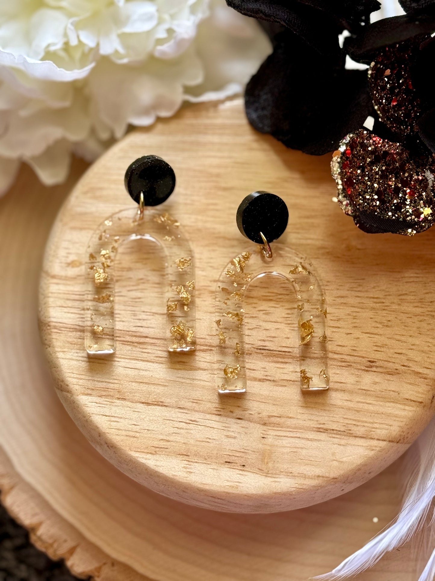 Gold Flake Black Resin Earrings