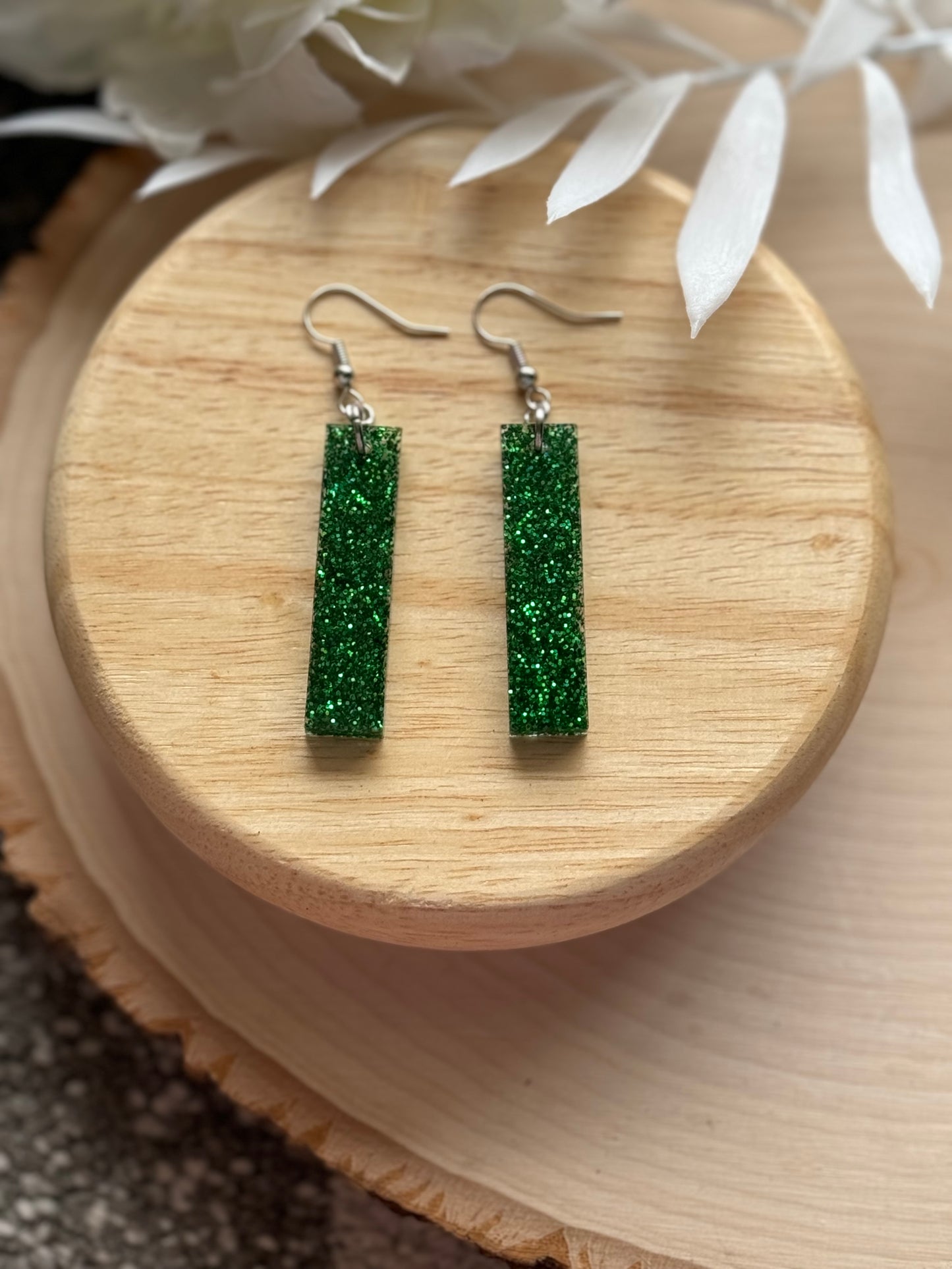 Green Glitter Resin Bar Dangle Earrings