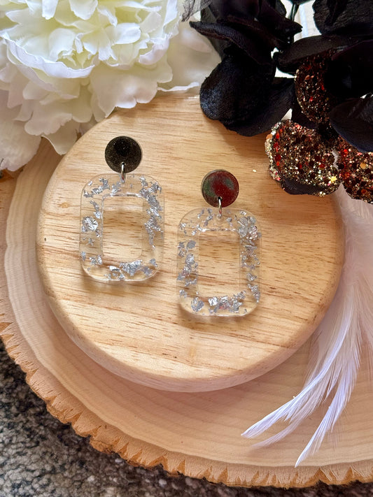 Silver Flake and Black Resin Earrings