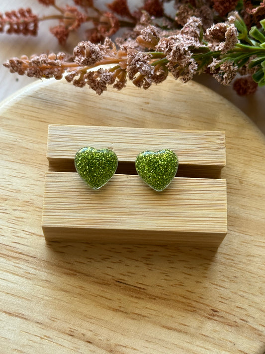 Green Glitter Heart Stud Earrings