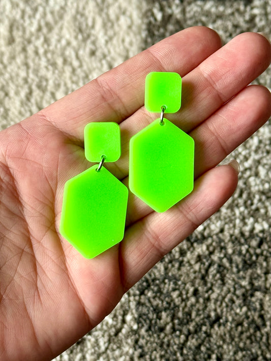 Neon Green Hexagon Resin Earrings