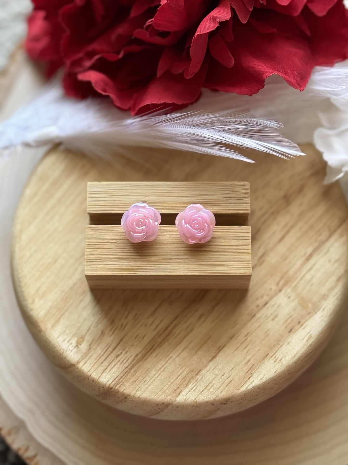 Shimmer Pink Rose Stud Earrings