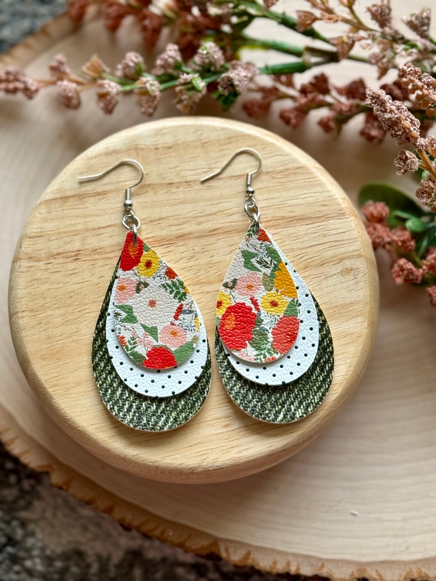 Floral Green Teardrop Earrings