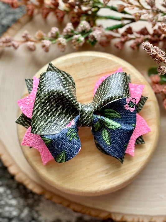 Denim Floral Twisty Twirl Bow