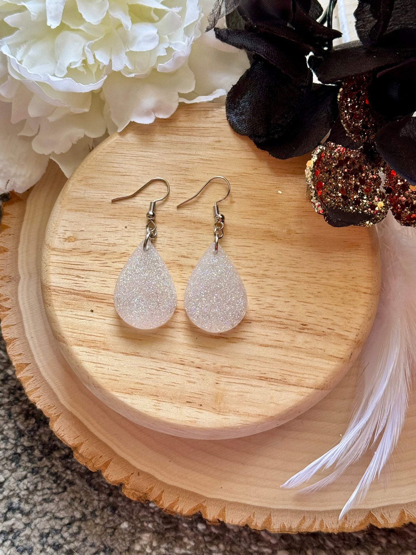 White Glitter Mini Teardrop Resin Earrings