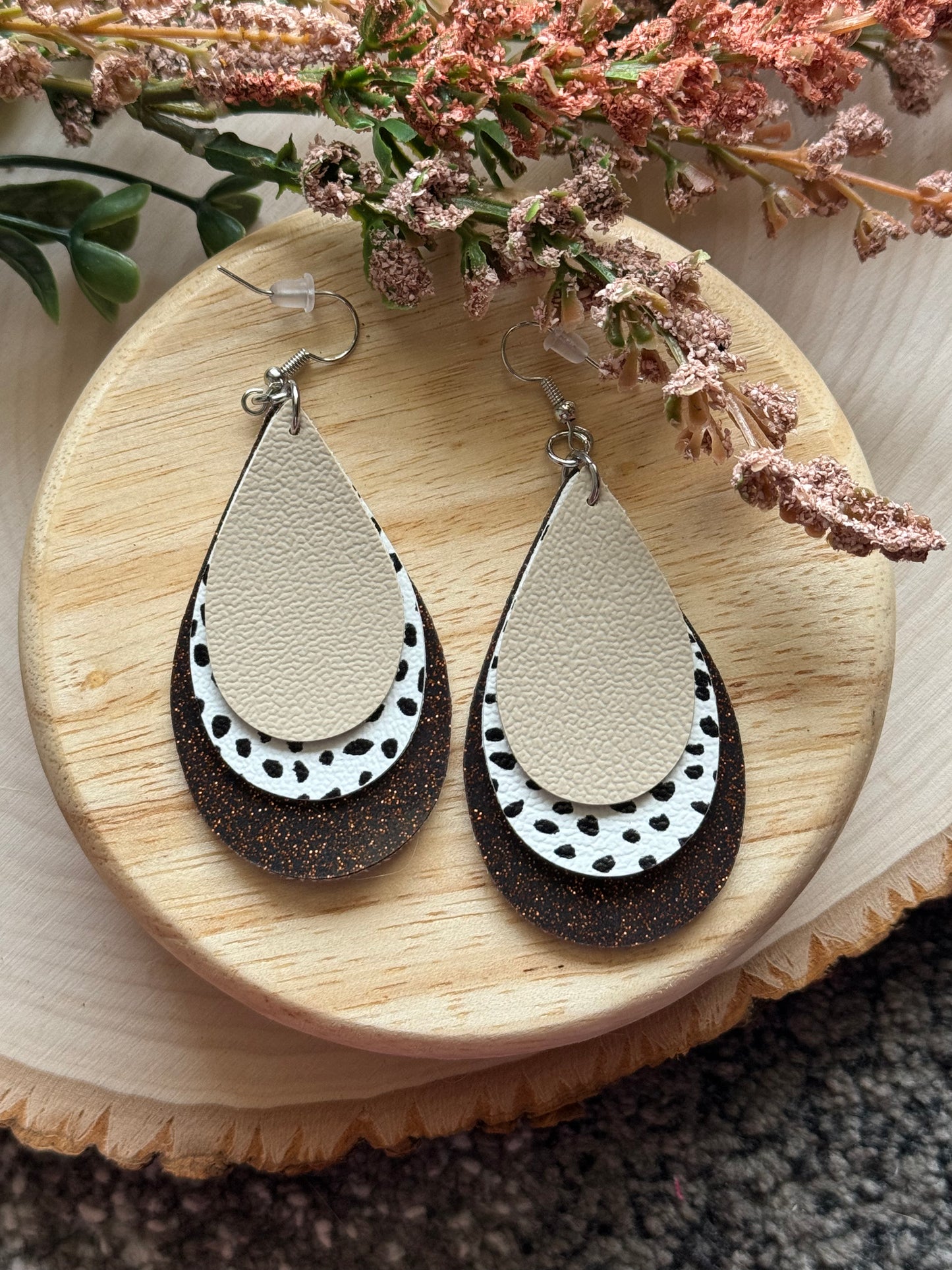 Brown and Dots Teardrop Earrings