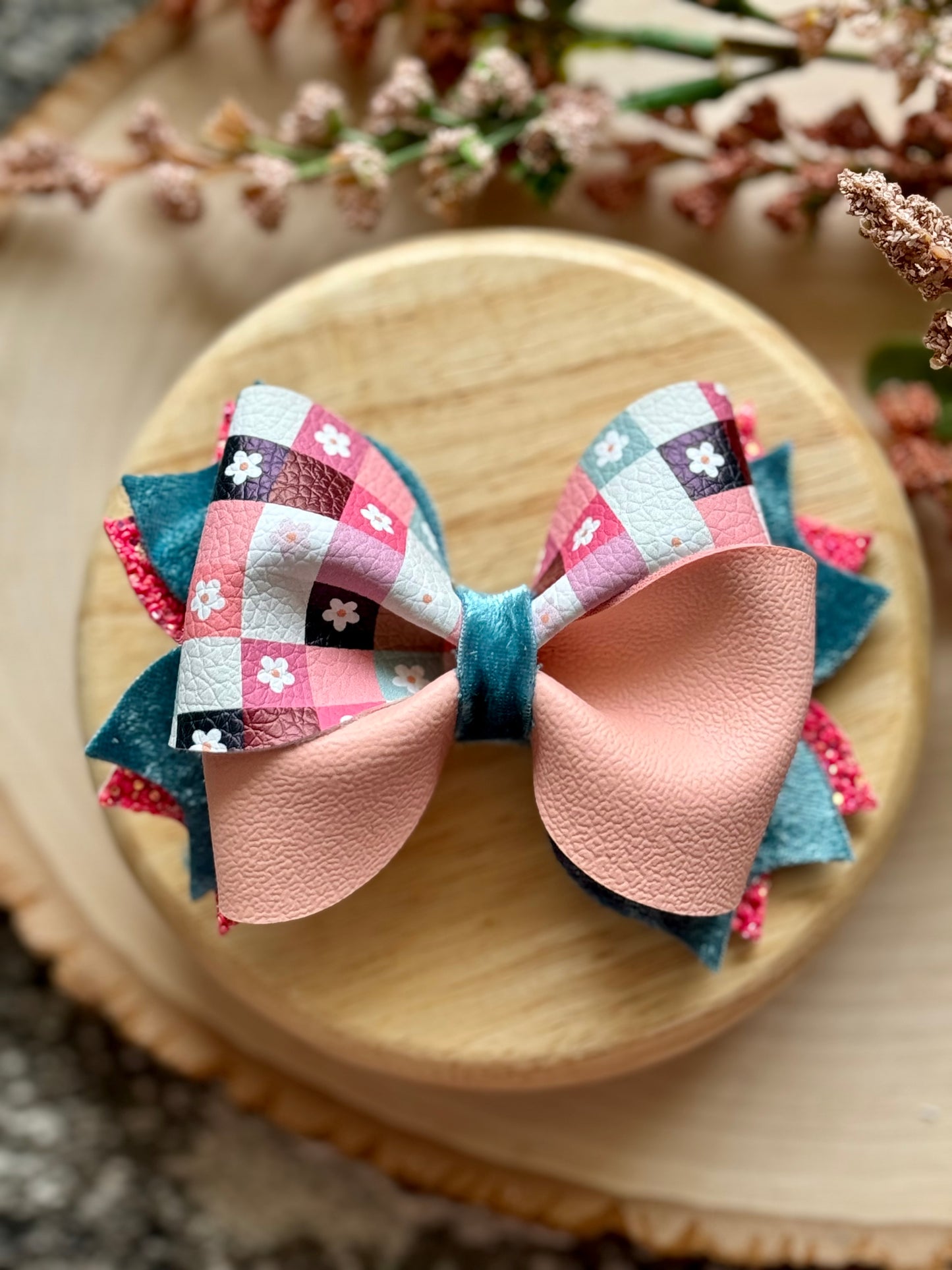 Checkered Floral Twisty Twirl Bow