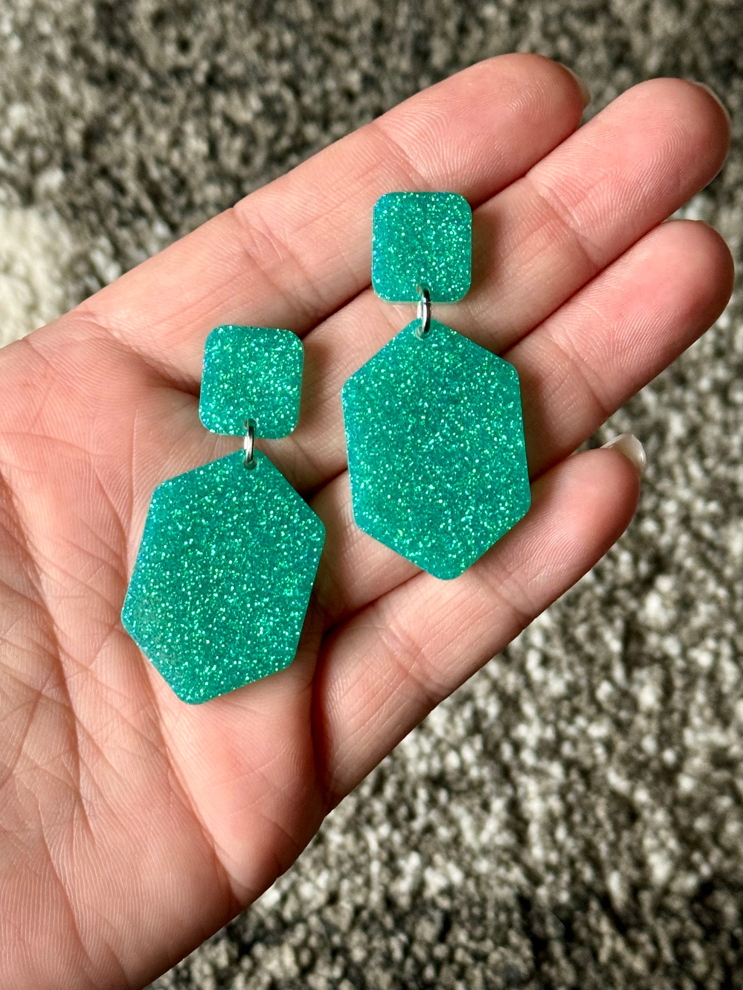 Teal Glitter Hexagon Resin Earrings