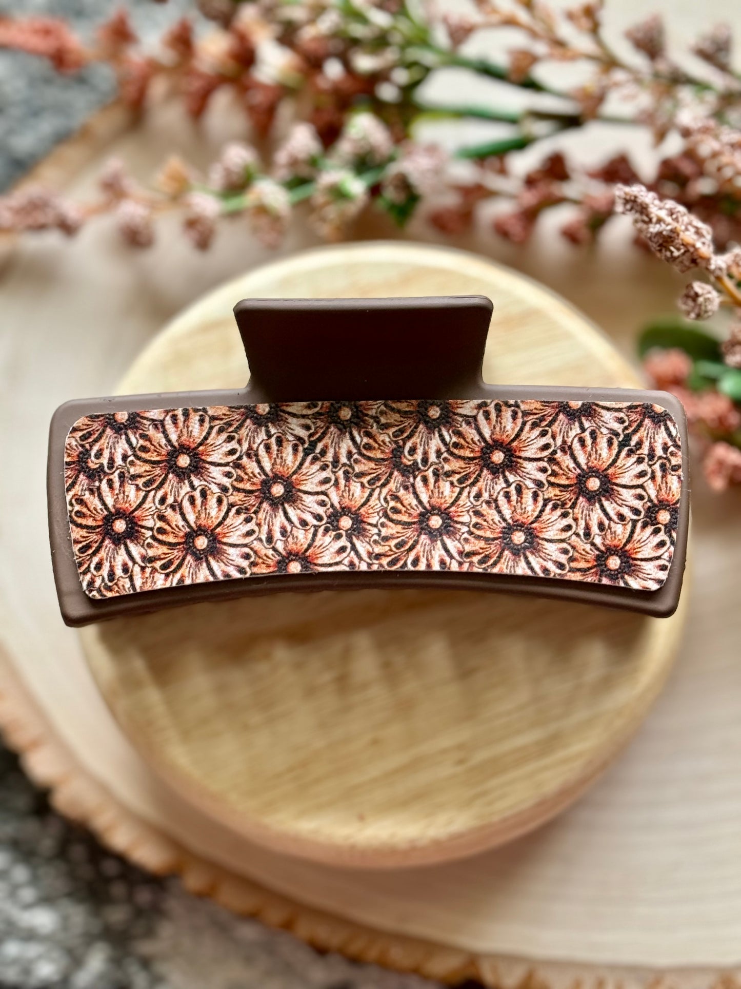 Brown Floral Leather Claw Clip