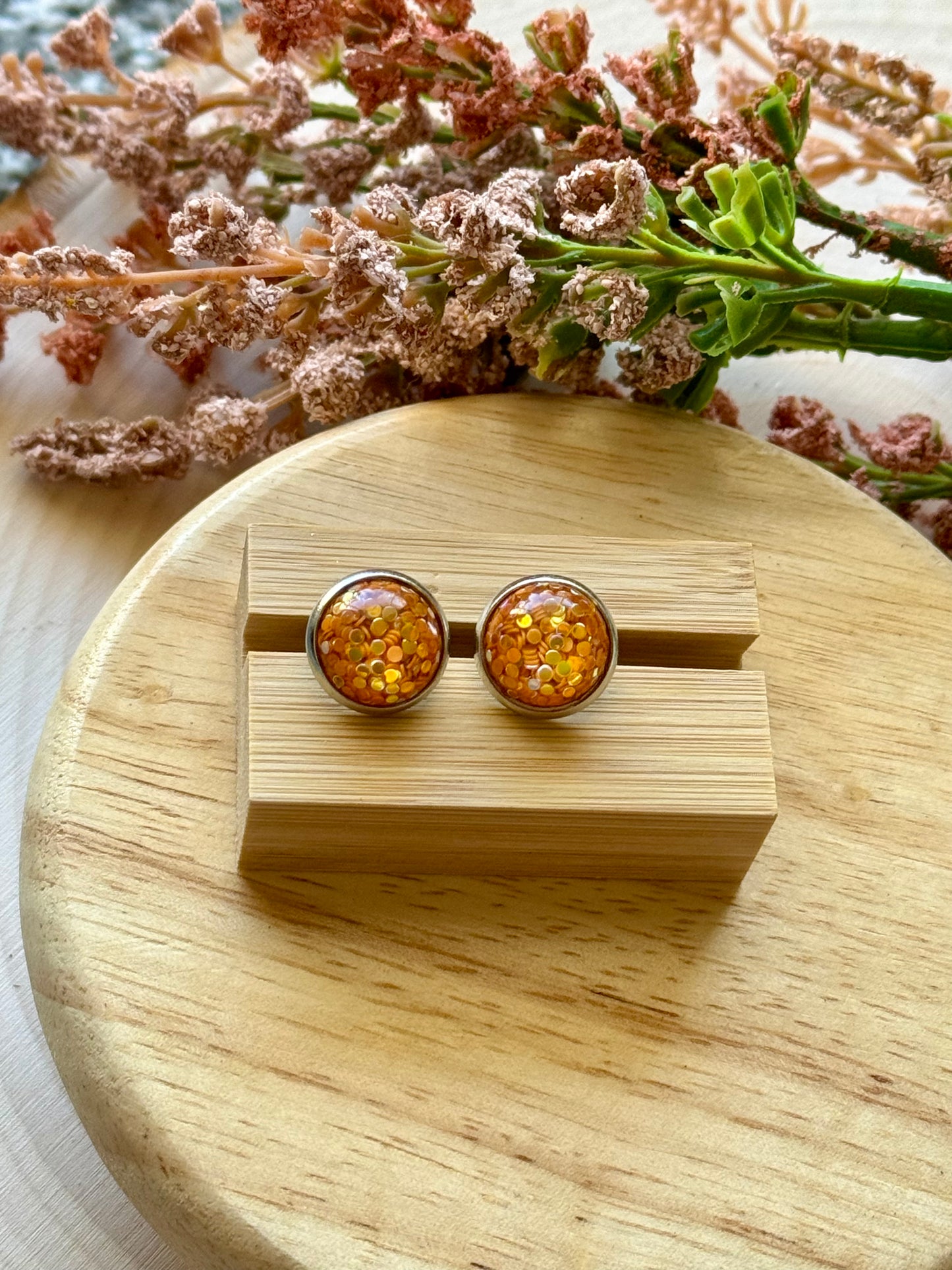 Orange Glitter Stud Earrings