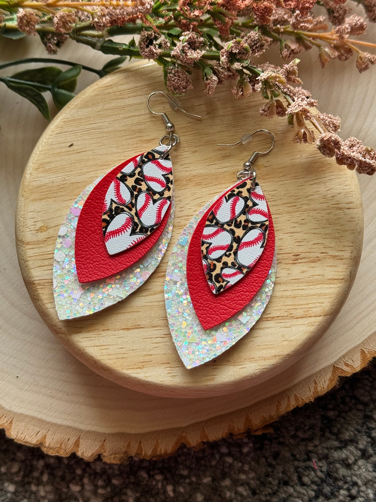 Baseball Glitter Leaf Earrings