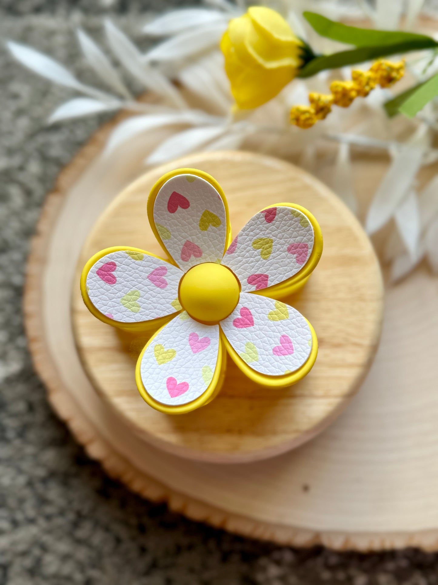 Yellow and Pink Heart Flower Claw Clip