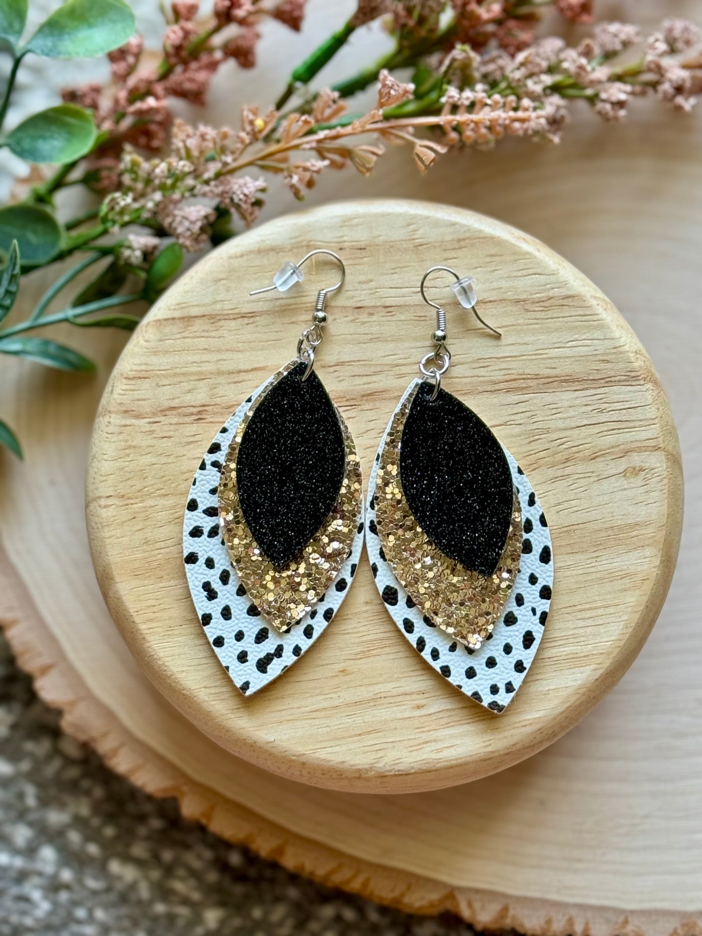 Black Dot Leaf Earrings