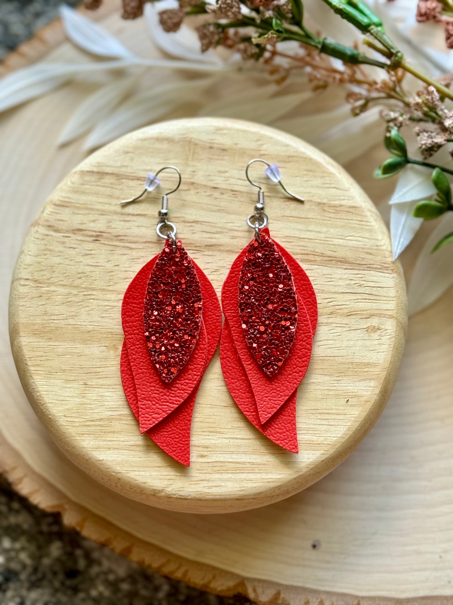 Red Glitter Feather Earrings