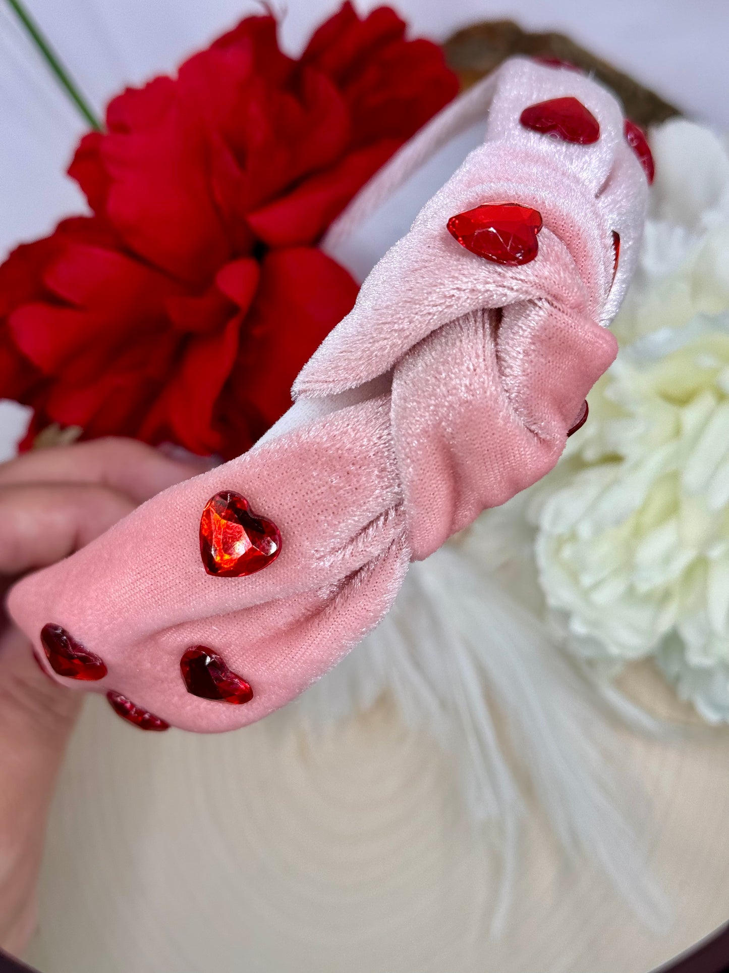 Pink Velvet Heart Gem Knotted Headband