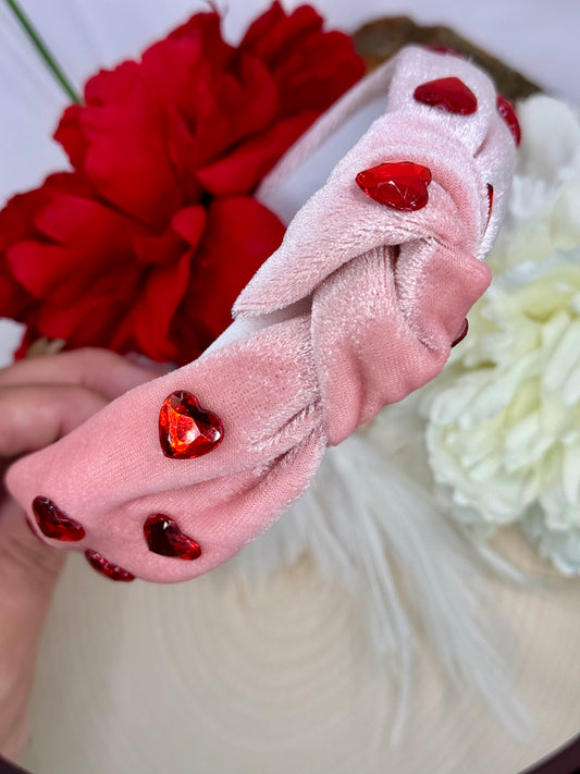 Pink Velvet Heart Gem Knotted Headband