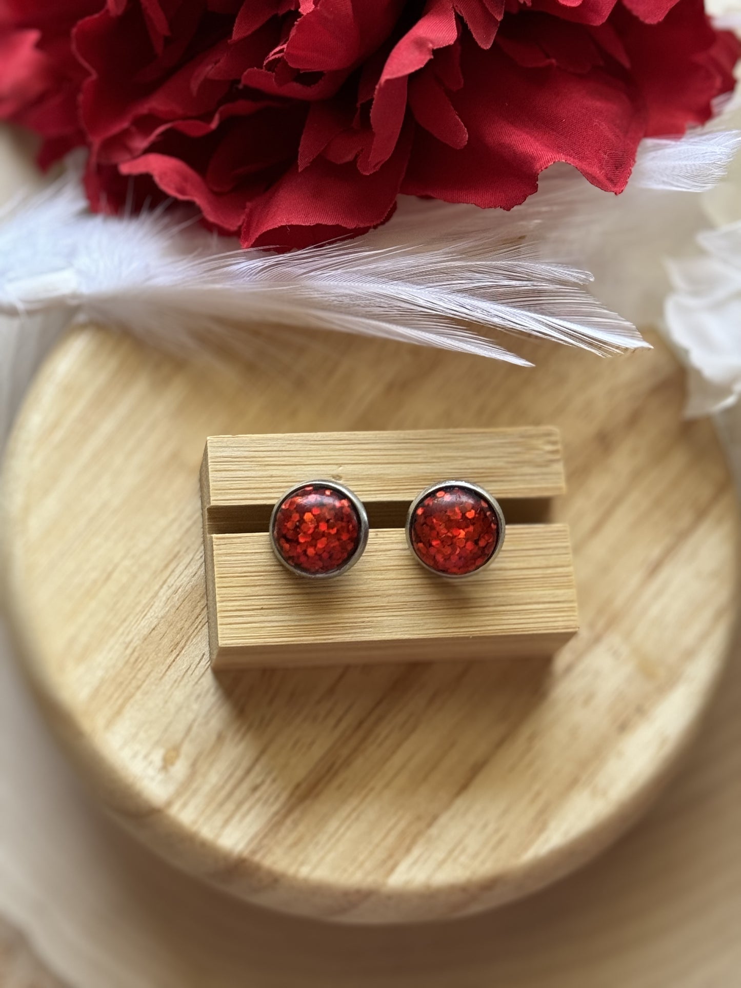 Red Glitter Stud Earrings