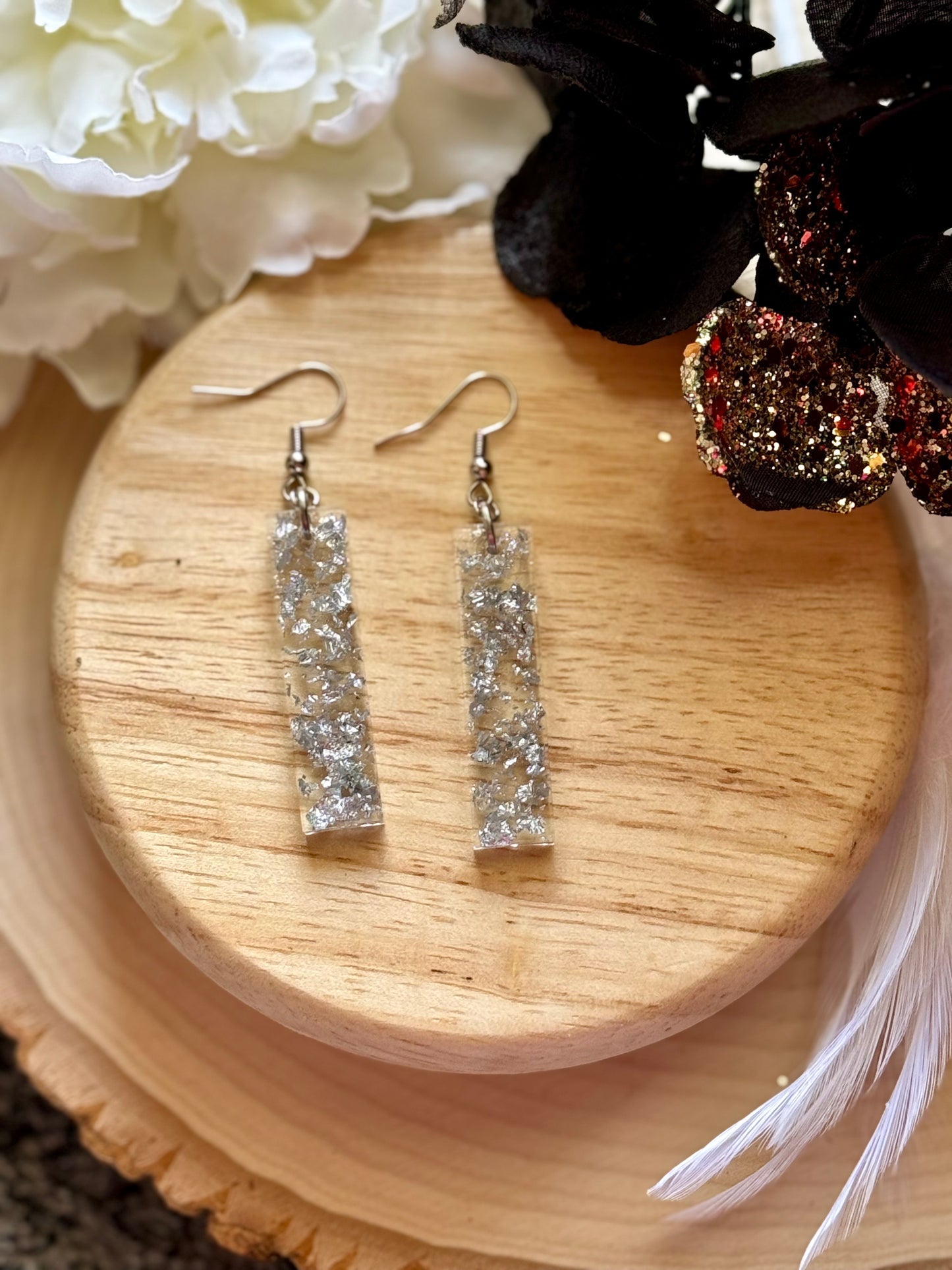 Silver Flake Bar Dangle Resin Earrings