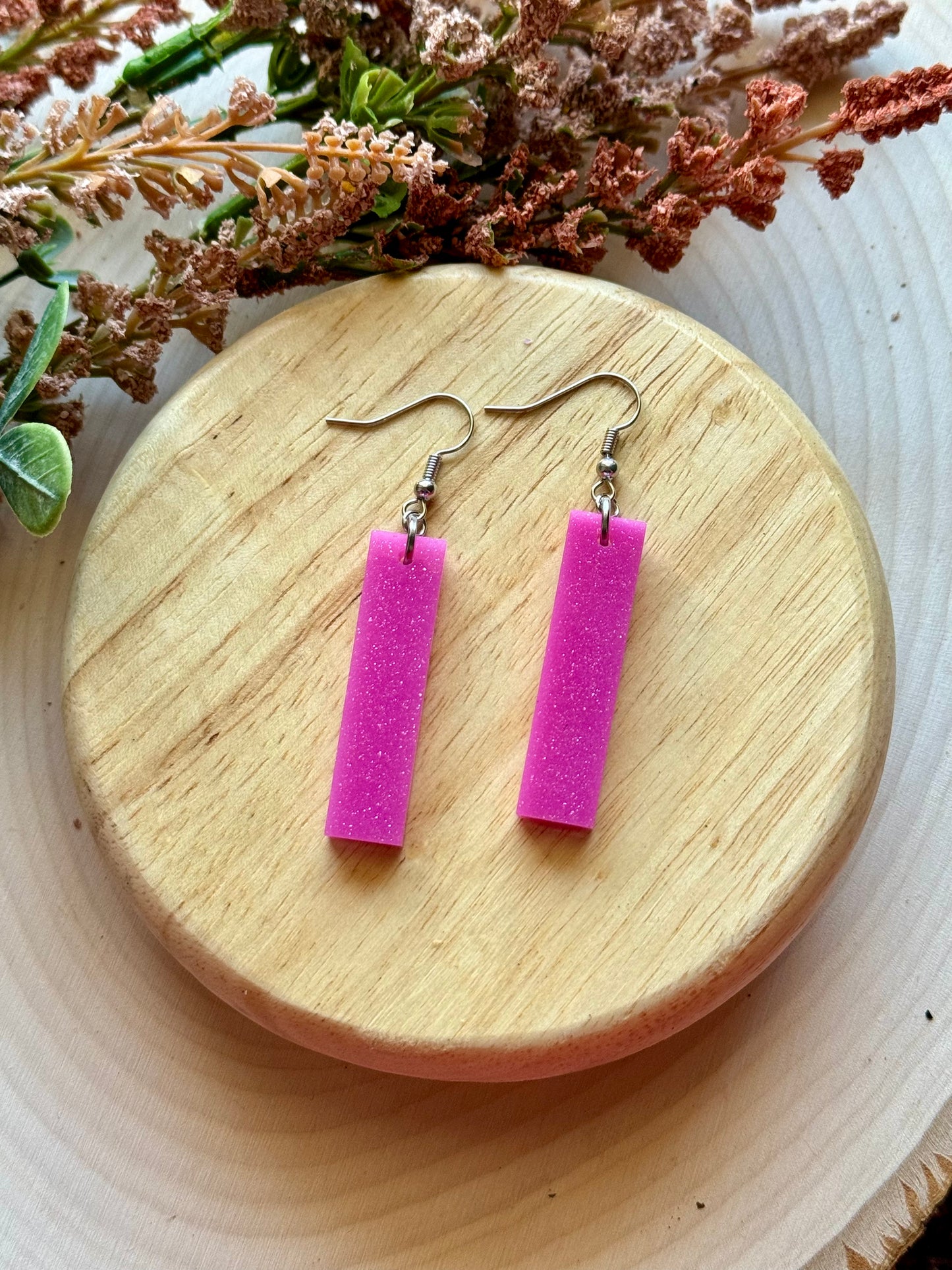 Pink Shimmer Bar Dangle Resin Earrings