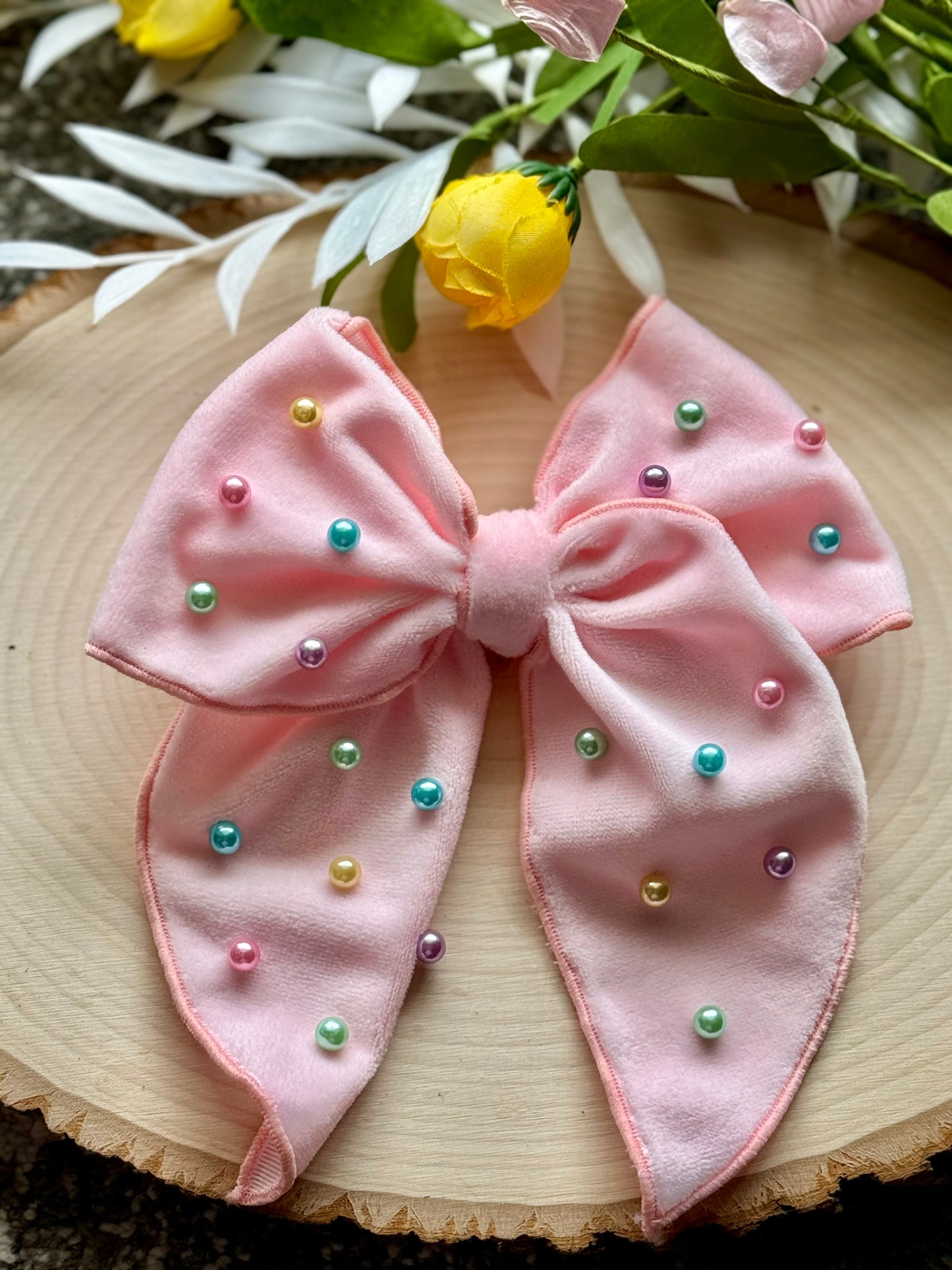 Pink Velvet Pearl Large Fabric Bow