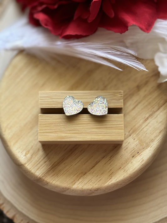 Clear Glitter Heart Stud Earrings