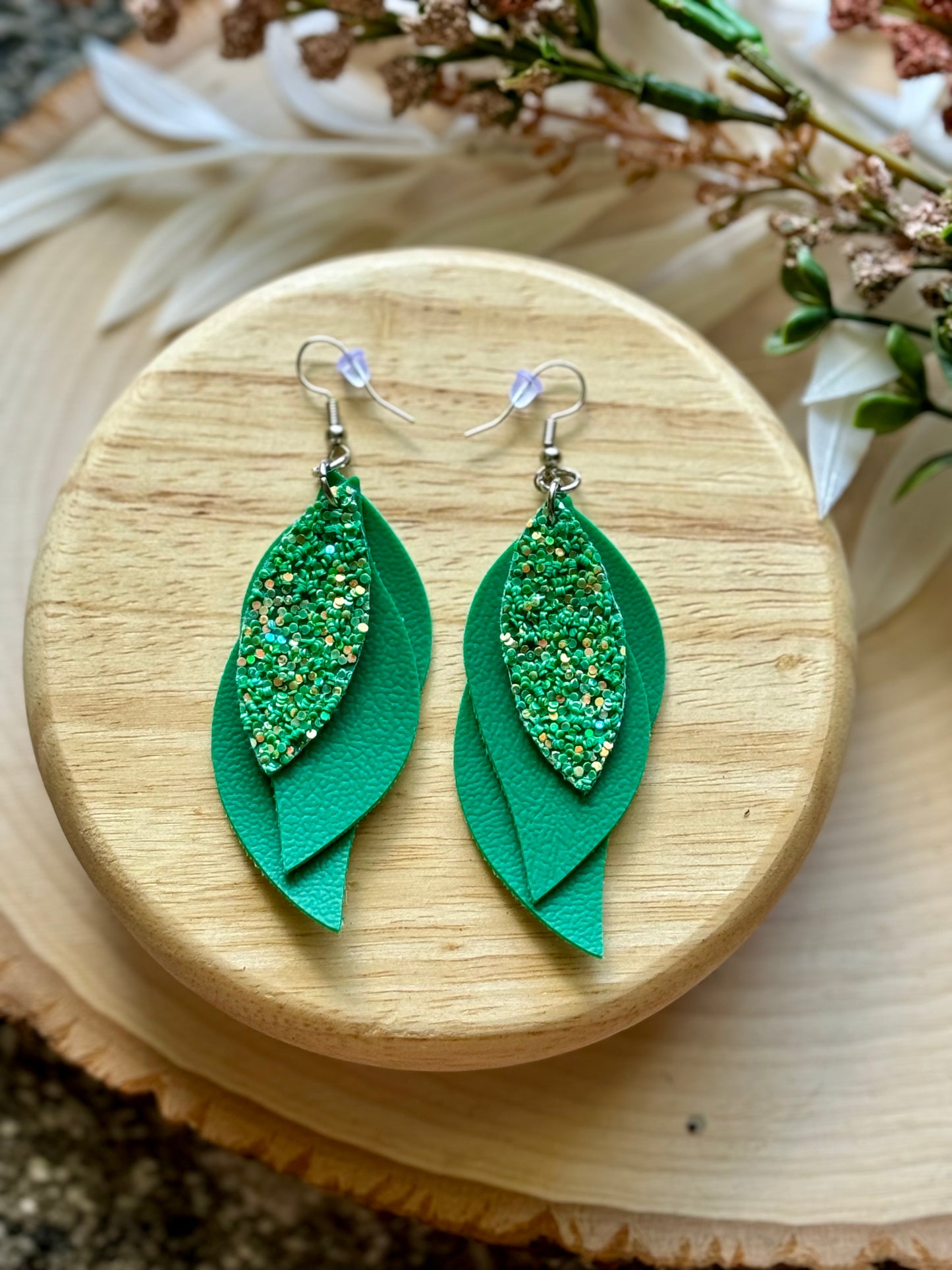 Green Glitter Feather Earrings