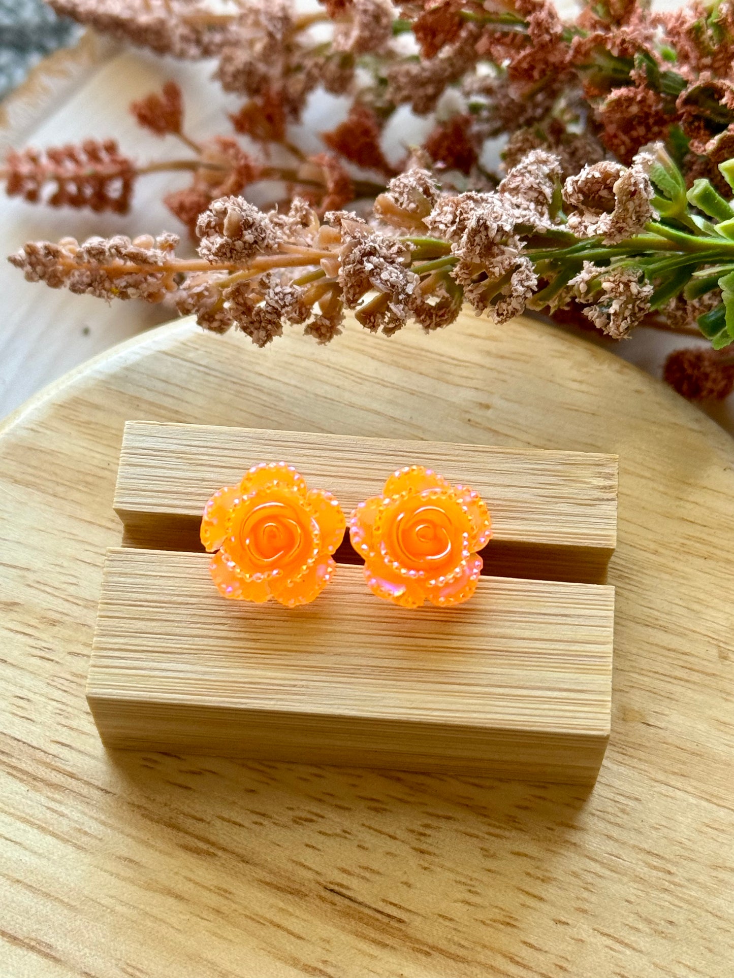 Bright Orange Glitter Floral Stud Earrings