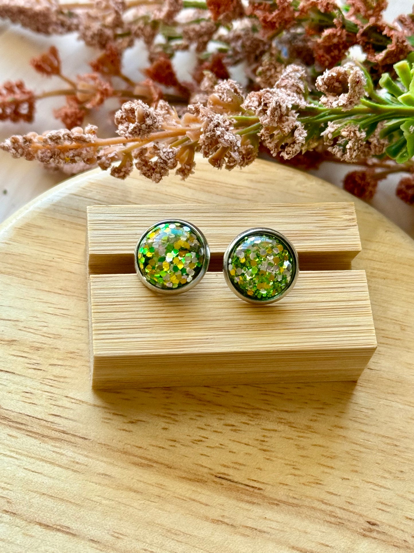 Green and Yellow Glitter Stud Earrings