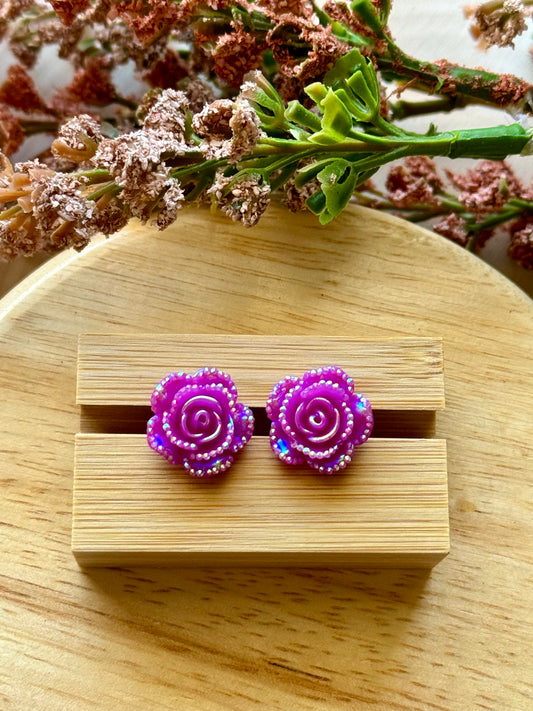 Purple Floral Glitter Stud Earrings