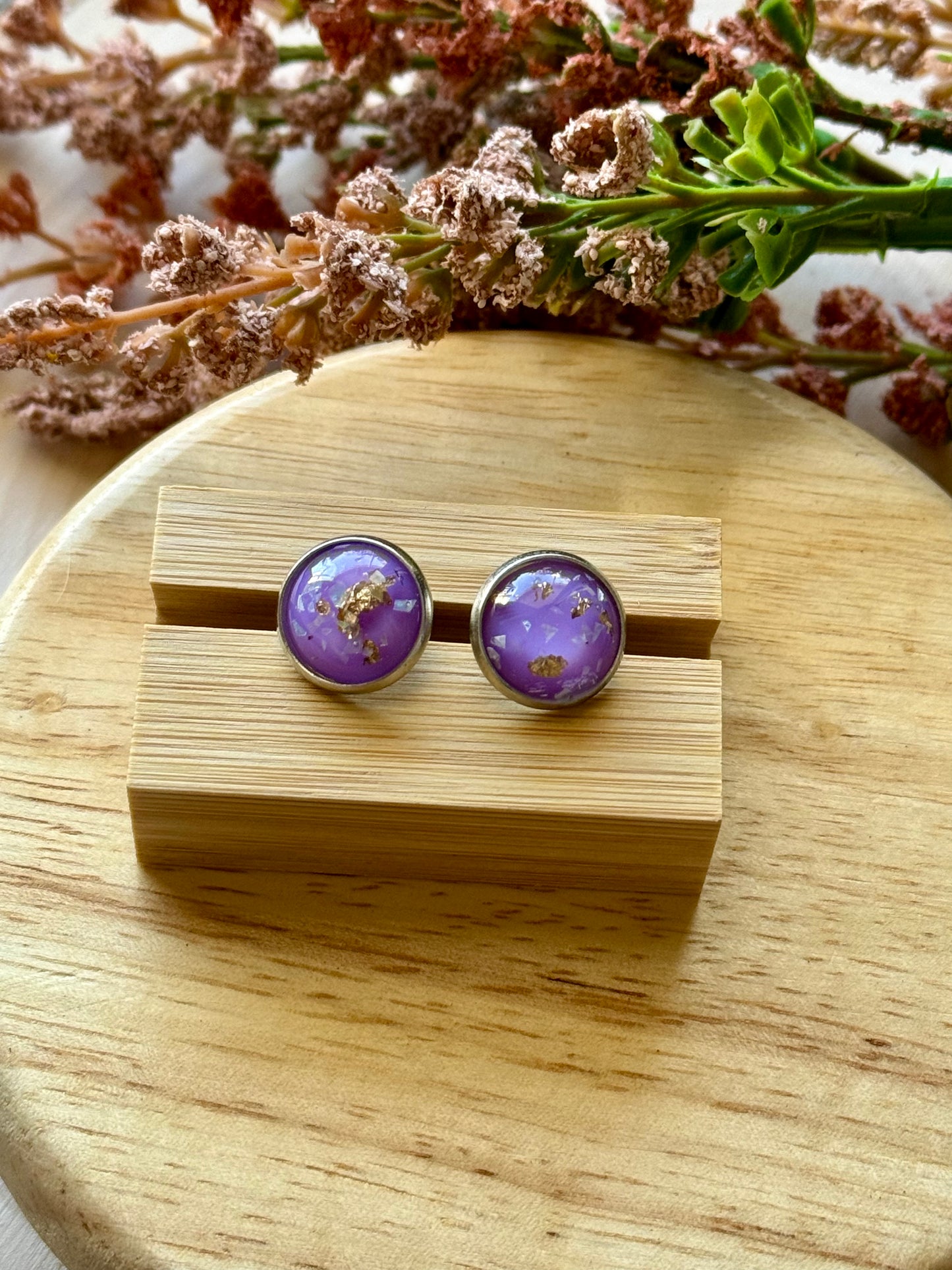 Purple Gold Flake Stud Earrings